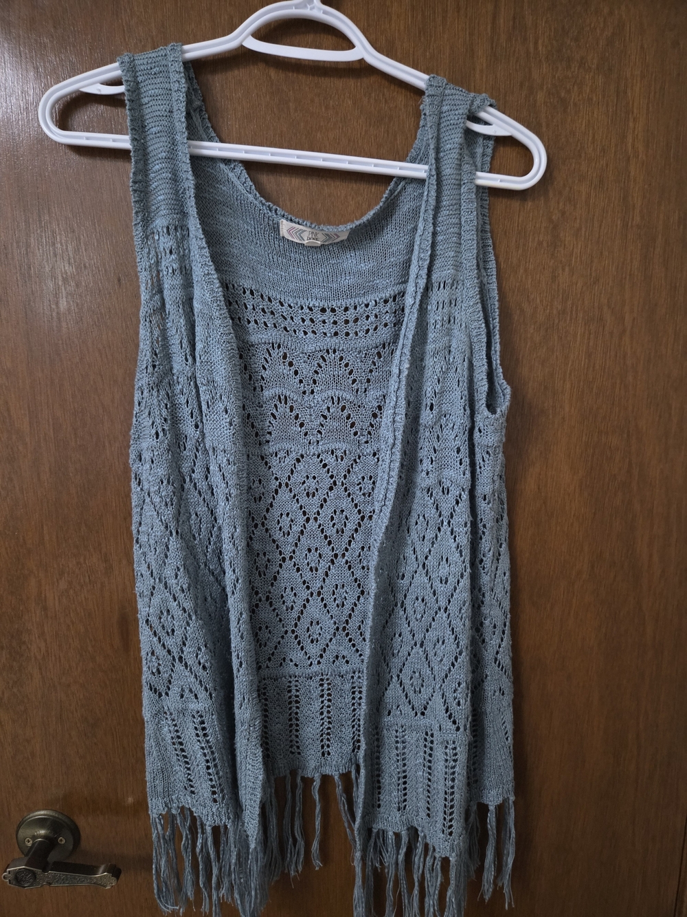 Pink Rose Dusty Blue Open-Knit Fringe Cardigan Vest